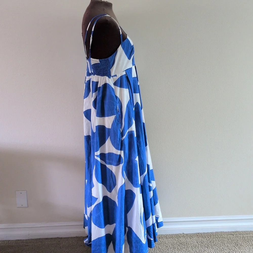 ANTHROPOLOGIE Dress MED Printed Babydoll Smock Maxi Blue White Abstract Strappy - Picture 6 of 11